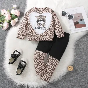 2pcs Toddler Girl Trendy Leopard Print Sweatshirt and Splice Pants Set #227294