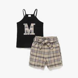2pcs Toddler Girl Trendy Letter Embroidered Camisole and Plaid Belted Shorts Set