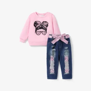 2pcs Toddler Girl Trendy Patchwork Ripped Denim Jeans and Figure Print Sweatshirt Set #1055574