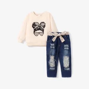 2pcs Toddler Girl Trendy Patchwork Ripped Denim Jeans and Figure Print Sweatshirt Set #1055689