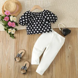 2pcs Toddler Girl Trendy Polka Dots Short-sleeve Top and White Pants Set #887708