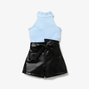 2pcs Toddler Girl Trendy Ribbed Tank Top and Belted PU Shorts Set #229070