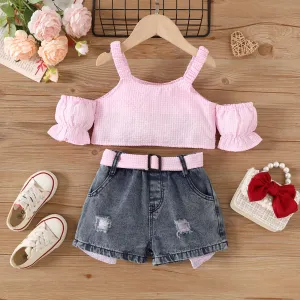 2pcs Toddler Girl Trendy Ripped Denim Shorts and Cold Shoulder Plaid Camisole Set #933595
