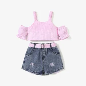 2pcs Toddler Girl Trendy Ripped Denim Shorts and Cold Shoulder Plaid Camisole Set #933598