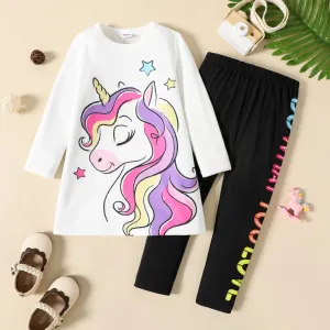 2pcs Toddler Girl Unicorn Print Long-sleeve White Tee and Letter Print Black Leggings Set #203570