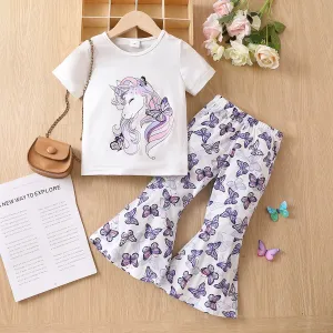 2pcs Toddler Girl Unicorn Print Short-sleeve Tee and Allover Butterfly Print Flared Pants Set #1047808