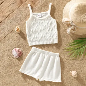2pcs Toddler Girl White Textured Cami Top and Lettuce Trim Shorts Set #1038617