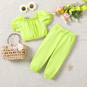 2pcs Toddler Girl's Summer Casual Solid Color Set with Puff Sleeve #1323310