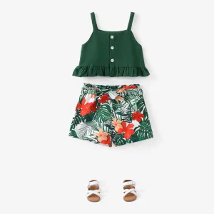 2pcs Trendy Toddler Girl Ruffle Camisole and Floral Print Belted Shorts Set