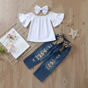 3-piece Baby Solid Flutter-sleeve Off Shoulder Top and Leopard Print Bowknot Nine-minute Denim Jeans Set
