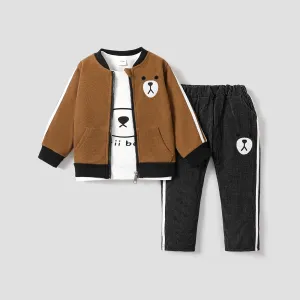 3-piece Toddler Boy Letter Bear Print White Long-sleeve T-shirt, Bomber Jacket and Elasticized Pants Set #854907