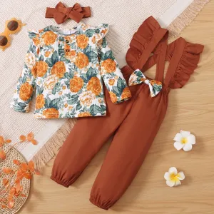 3-piece Toddler Girl Floral Print Ruffled Long-sleeve Top, Bowknot Design Overalls and Headband Set #195849