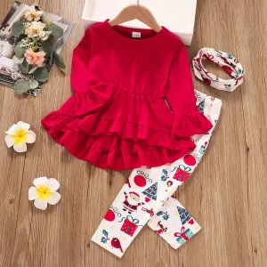 3-piece Toddler Girl Ruffle Hem Long Bell sleeves Red Top, Santa Christmas Tree Print Pants and Scarf Set #1103347