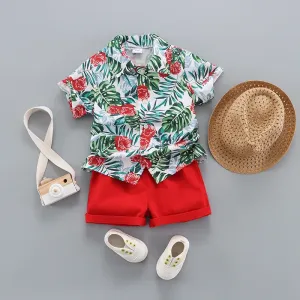 3pcs Toddler Boy Boho Straw Hat & Floral Print Shirt and Shorts Set