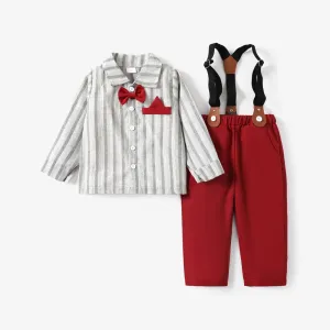 3PCS Toddler Boy Christmas Hyper-Tactile 3D Design Stripe Shirt/ Pants/Suspender Set #1167702