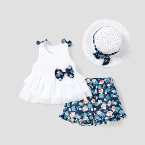 3pcs Toddler Girl Bow Decor Hat & Layered Ruffled Tank Top & Floral Print Shorts Set #1083390