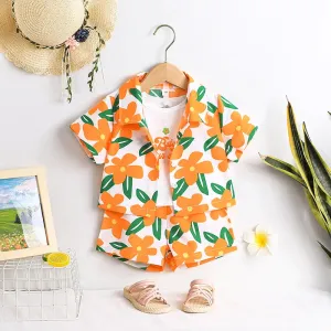 3pcs Toddler Girl/Boy Allover Floral Print Short-sleeve Shirt & Shorts & Tank Top Set #1038512