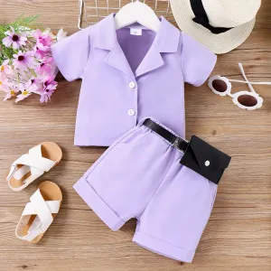 3pcs Toddler Girl Fanny Pack & Purple Short-sleeve Shirt and Shorts Set #1047442
