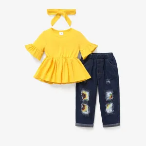 3pcs Toddler Girl Headband & Ruffled Top and Sunflower Pattern Ripped Jeans Set #1033202