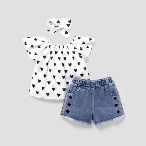 3pcs Toddler Girl Heart Print Short-sleeve Blouse and Denim Shorts & Headband Set