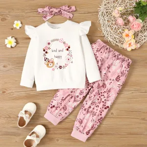 3pcs Toddler Girl Letters Floral Print Ruffle Long-sleeve Top and Pants & Headband Set #1048369
