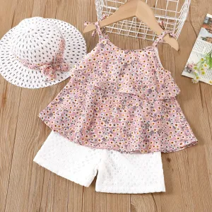 3pcs Toddler Girl Straw Hat & Floral Print Ruffled Chiffon Camisole and White Shorts Set #1033231
