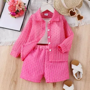 3pcs Toddler Girl Sweet Solid Color Lapel Top and Shorts Sets #1331511