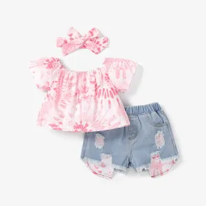3pcs Toddler Girl Tie Dye Top & Headband & Ripped Denim Shorts Set #1053570