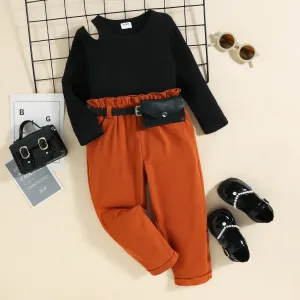 3pcs Toddler Girl Trendy Cold Shoulder Ribbed Tee & Belted Wasit Bag and Pants #231452