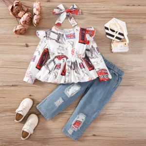 3pcs Toddler Girl Trendy Ripped Denim Jeans & Ruffled Peplum Tee and Headband Set #216464