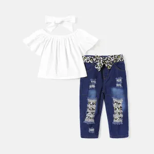 4pcs Toddler Girl Off Shoulder Short-sleeve Tee and Belted Ripped Denim Jeans & Headband Set #722808