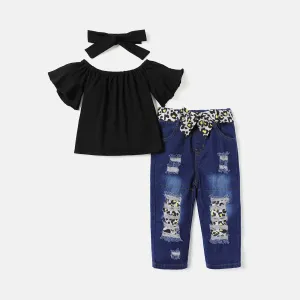 4pcs Toddler Girl Off Shoulder Short-sleeve Tee and Belted Ripped Denim Jeans & Headband Set #722812