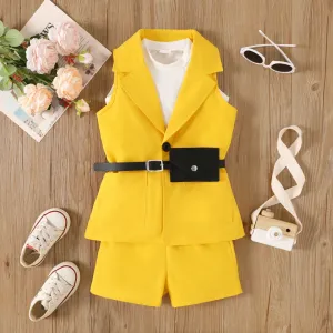 4pcs Toddler Girl Trendy Sleeveless Tee & Shorts & Lapel Collar Coat and Belted Waist Bag Set #1033530