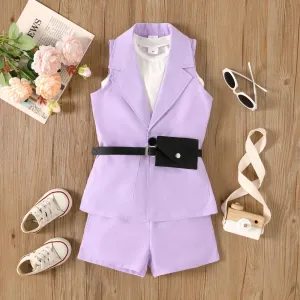 4pcs Toddler Girl Trendy Sleeveless Tee & Shorts & Lapel Collar Coat and Belted Waist Bag Set #1033535