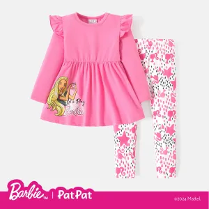 Barbie 2pcs Toddler Girl Ruffled Long-sleeve Cotton Tee and Allover Print Leggings Set #759171