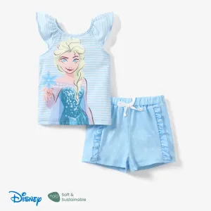 Disney Frozen Elsa&Anna 2pcs Toddler Girl Naiaâ¢ Character Print Ruffled Striped Top with Ruffled Shorts Set