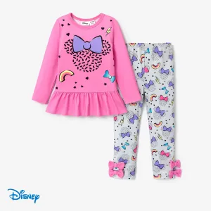 Disney Mickey and Friends Toddler Girl 2pcs Character Print Peplum Long-sleeve Tee and Bowknot Pants Set #1076579