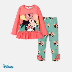 Disney Mickey and Friends Toddler Girl 2pcs Character Print Peplum Long-sleeve Tee and Bowknot Pants Set #1069121