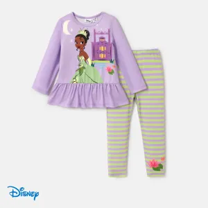 Disney Princess Toddler Girl 2pcs Character Print Peplum Long-sleeve Tee and Stripe Pants Set #1059795
