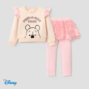 Disney Winnie the Pooh Toddler Girl 2pcs Character Print Long-sleeve Top and Polka Dots Mesh Overlay 2 In 1 Leggings Set #1092498