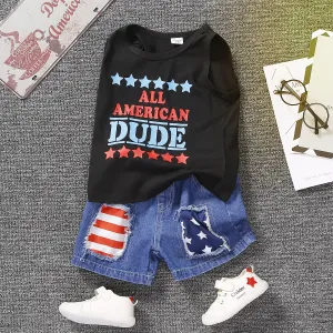 Independence Day 2pcs Toddler Boy Letter Print Cotton Tank Top and Ripped Denim Shorts Set #927708
