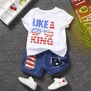 Independence Day 2pcs Toddler Boy Letter Print Cotton Tee and Ripped Denim Shorts Set #927702