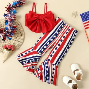 Independence Day 2pcs Toddler Girl Bow Front Smocked Crop Cami Top and Flared Pants Set #1033109