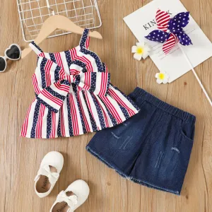 Independence Day 2pcs Toddler Girl Bow Front Striped Cami Top and 100% Cotton Ripped Denim Shorts Set #1039381