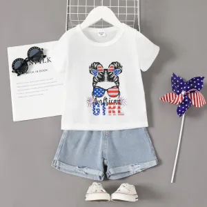 Independence Day 2pcs Toddler Girl Figure Print Short-sleeve Tee and Ripped Denim Shorts Set #1044136