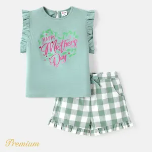 Mother's Day 2pcs Toddler Girl 100% Cotton Ruffled Plaid Shorts and Letter Print Tank Top Set #886494