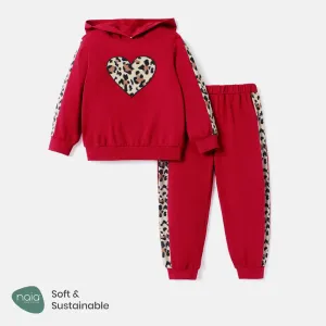 2pcs Toddler Girl Naia Leopard Print Heart Embroidered Ear Design Hoodie Sweatshirt and Pants Set #720591
