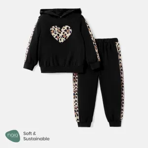 2pcs Toddler Girl Naia Leopard Print Heart Embroidered Ear Design Hoodie Sweatshirt and Pants Set #720595