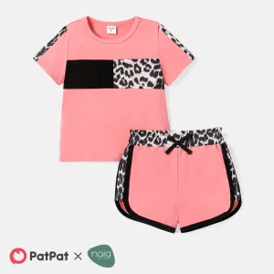 2pcs Toddler Girl Naia Leopard Print Splice Short-sleeve Tee and Elasticized Shorts Set