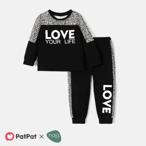 2pcs Toddler Girl Naia Letter Leopard Print Sweatshirt and Pants Set #233807